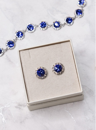 Halo Crystal Stud Earrings - Royal Blue / Silver